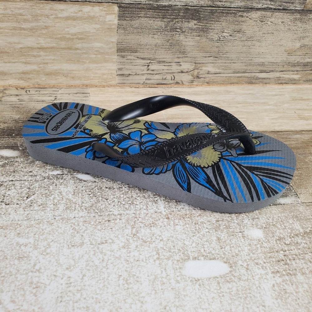 Havaianas Aloha Kids Flip‎ Flop Sandals Sz 2 Black Blue Rubber Floral Slip On